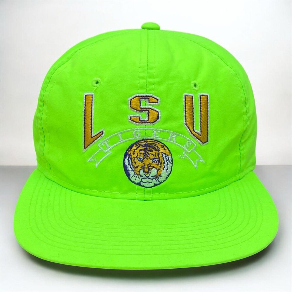 VTG 90s LSU Tigers Hat The Game Big Logo NCAA Snapback Neon Green Nylon Cap RARE